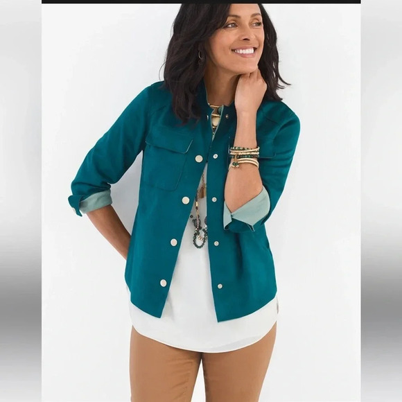 Chico’s Double Face Snap Button Sueded chore Jacket in Kelly Green - Picture 1 of 11